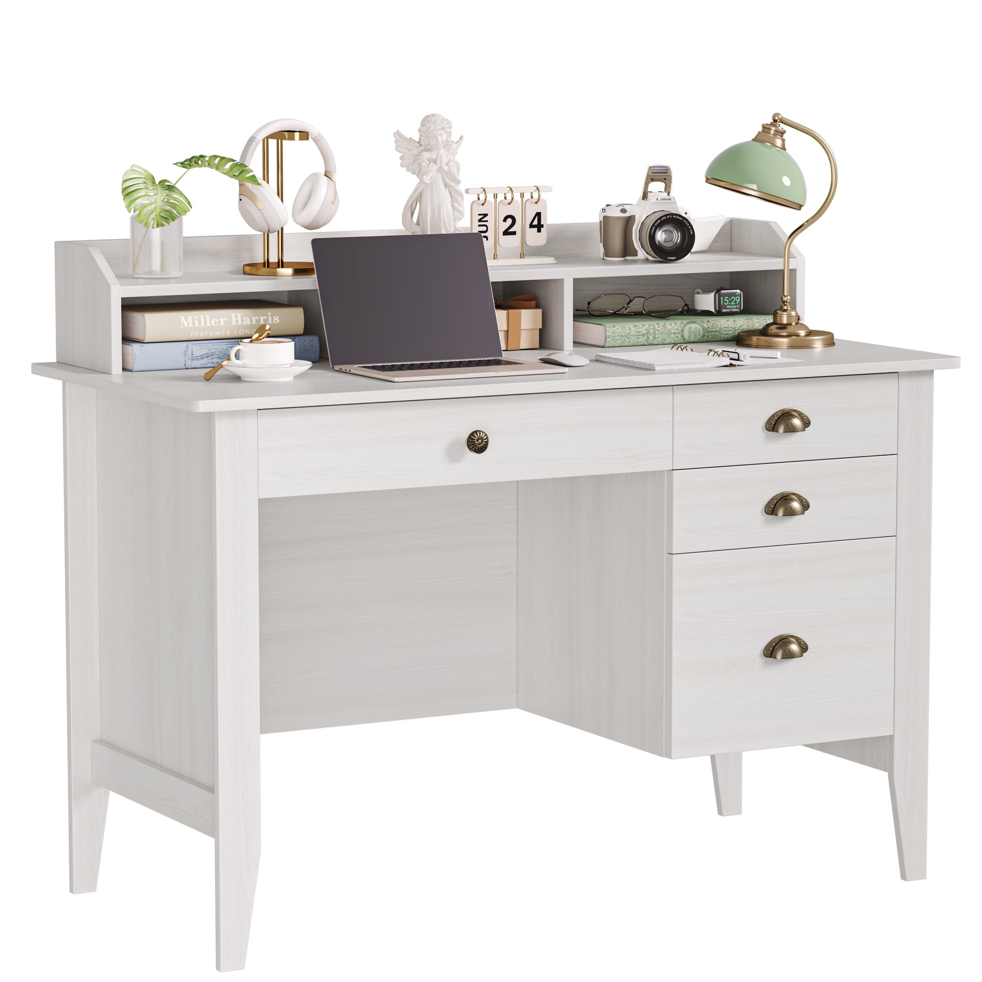 Homfa Dorm Study Desk, 47in - Oak White, 4 Drawers, Hutch Shelf