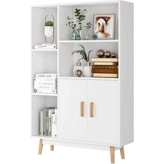 Homfa 5 Cube Bookcase with Door, Open Shelves Free Standing Storage Cabinet with Solid Legs, White Finish
