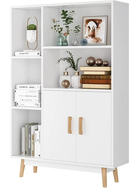 Homfa 5 Cube Bookcase with Door, Open Shelves Free Standing Storage Cabinet with Solid Legs, White Finish