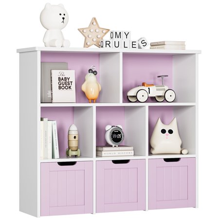 Homfa Toy Storage Organizer with 3 Movable Drawers, 5 Cube Kids Bookcase for Playroom, Storage Cabinet for Living Room, Pinkish Purple Finish