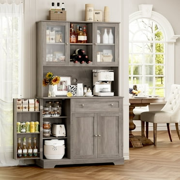 Homfa 5 Doors Kitchen Pantry Hutch with Wine Rack, 67.9'' Wood Storage Cabinet for Dining, Gray