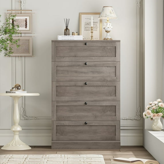 Homfa 5 Drawer Bedroom Dresser, Modern Farmhouse Vertical Gray Dresser Drawers Wood Organizer for Living Room Entryway Small Spaces