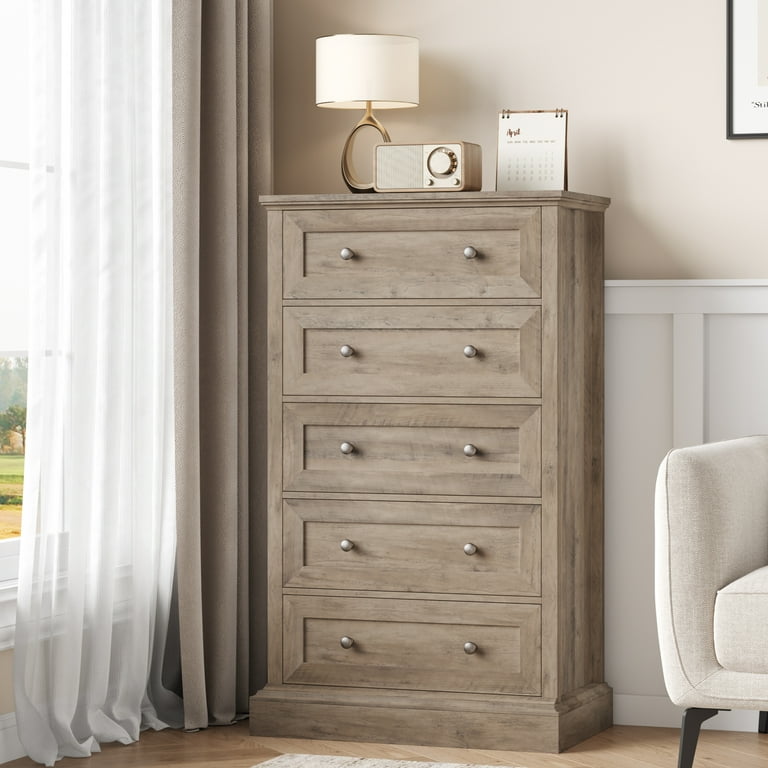 Homfa 5 Drawer Bedroom Dresser Tall Wood Nightstand Storage Cabinet for Office Living Room Gray