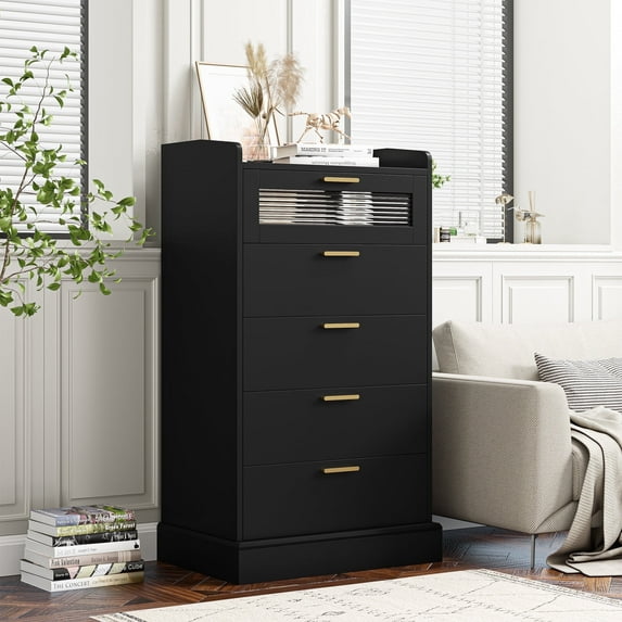 Homfa 5 Drawer Black Dresser for Bedroom, Glass Panel Wood Storage Cabinet with Easy Pull Out Handles for Living Room