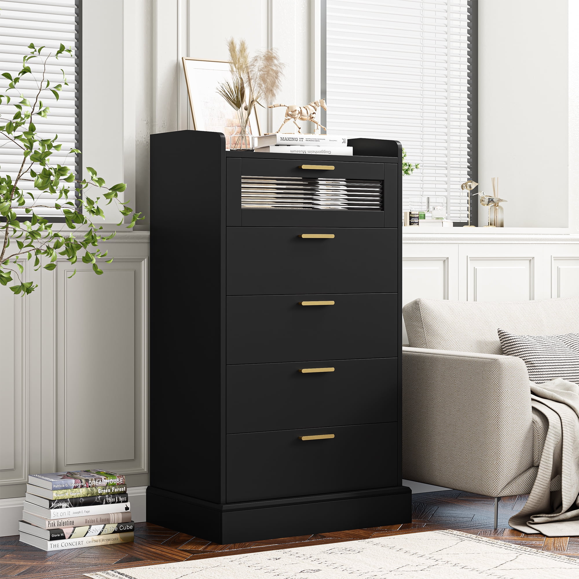 Homfa 5 Drawer Black Dresser for Bedroom, Glass Panel Wood Storage