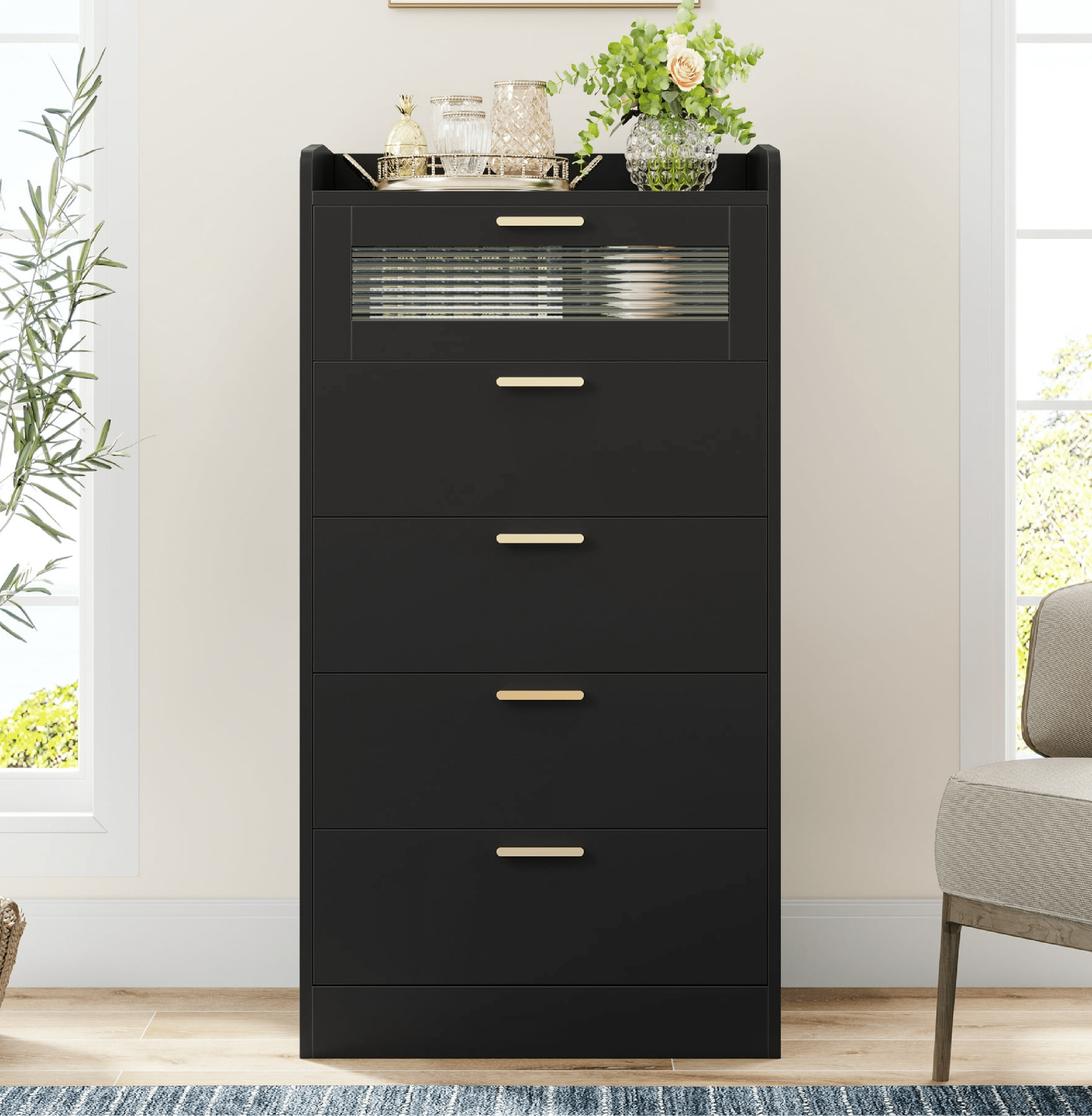 Homfa 5 Drawer Black Dresser for Bedroom, Glass Panel Wood Storage