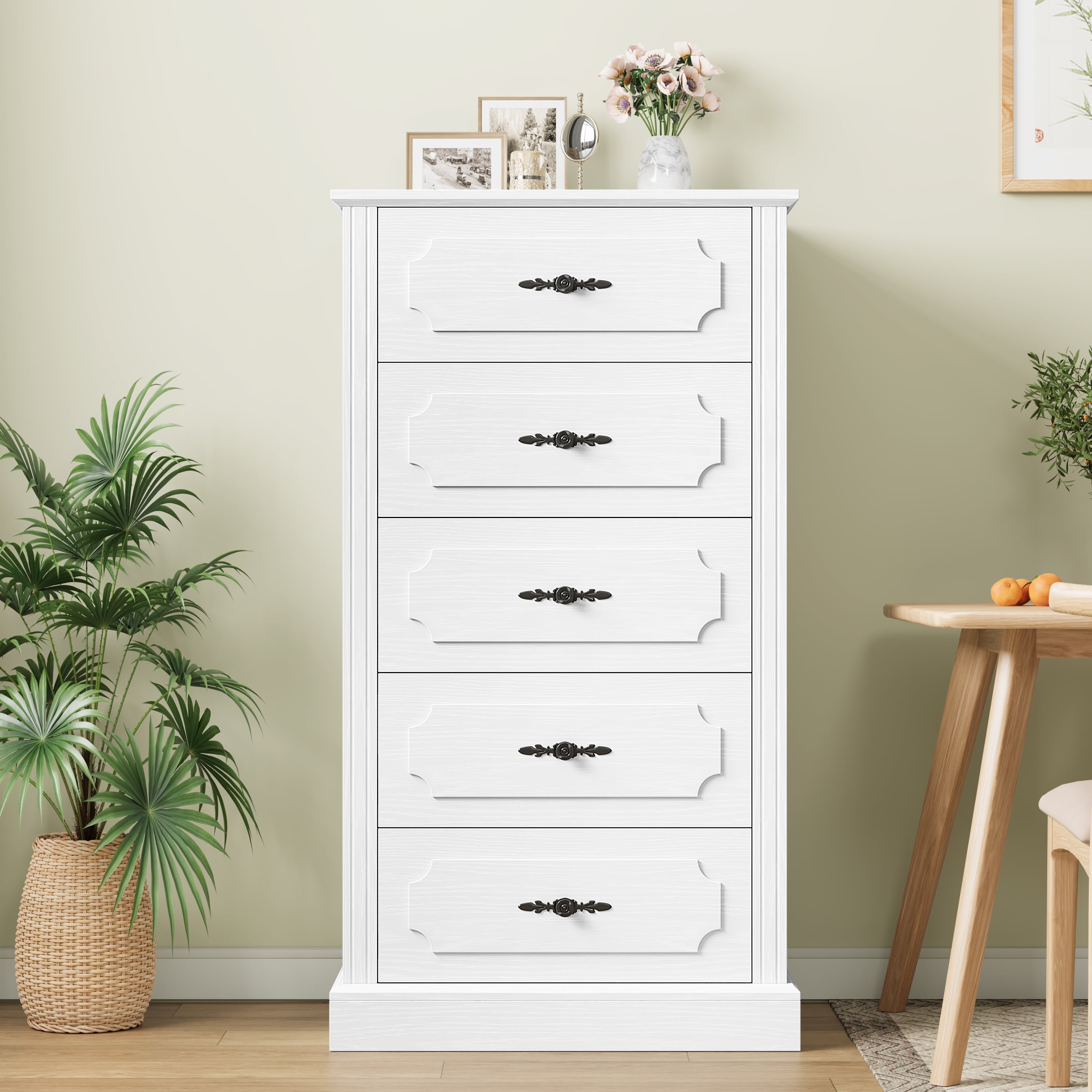 Homfa 5 Drawer Chest White Vertical Dresser for Bedroom, 43''H Wide Top Wood Storage Cabinet for Living Room Small Spaces