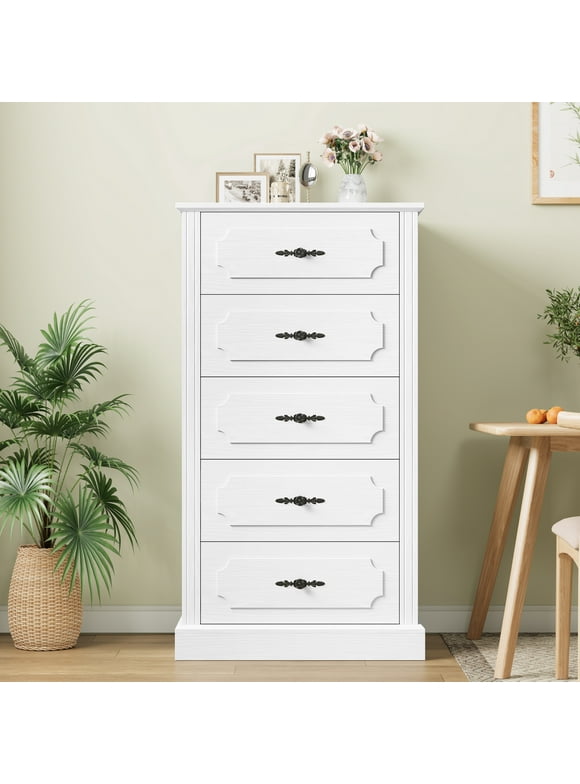 Homfa 5 Drawer Chest White Vertical Dresser for Bedroom, 43''H Wide Top Wood Storage Cabinet for Living Room Small Spaces