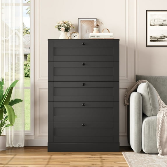 Homfa 5 Drawer Black Bedroom Dresser, Modern Vertical Dresser Drawers Wood Organizer for Living Room Entryway Small Spaces