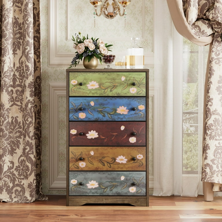 Homfa 5 Drawer Dresser for Bedroom Boho Accent Dresser Chest of Drawers for Entryway Living Room