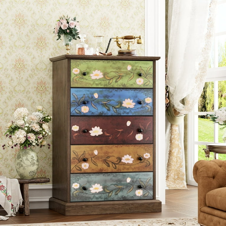 Homfa 5 Drawer Vertical Dresser for Bedroom Boho Wood Storage Cabinet for Entryway Living Room Wide Top Study Base Women
