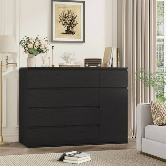 Homfa 5 Drawer Dresser with Door, Modern Accent Storage Cabinet Chest of Drawers for Bedroom Living Room, Black