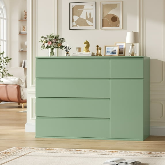 Homfa 5 Drawer Dresser with Door, Modern Accent Storage Cabinet Chests of Drawers for Bedroom Living Room, Green