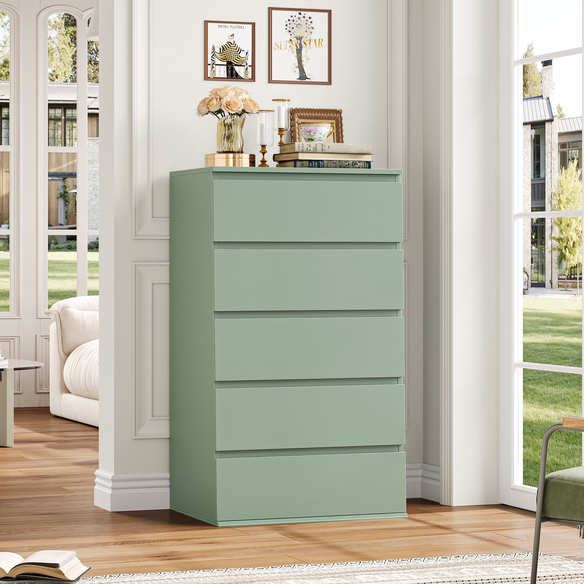 Homfa 5 Drawer Dresser, Modern Storage Cabinet for Bedroom,Tall Chest of  Drawers for Living RoomGreen - Walmart.com