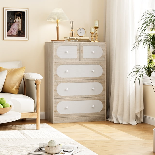 Homfa 5 Drawer Rattan Dresser, Oak Boho Dresser, Modern Closet Chest of ...