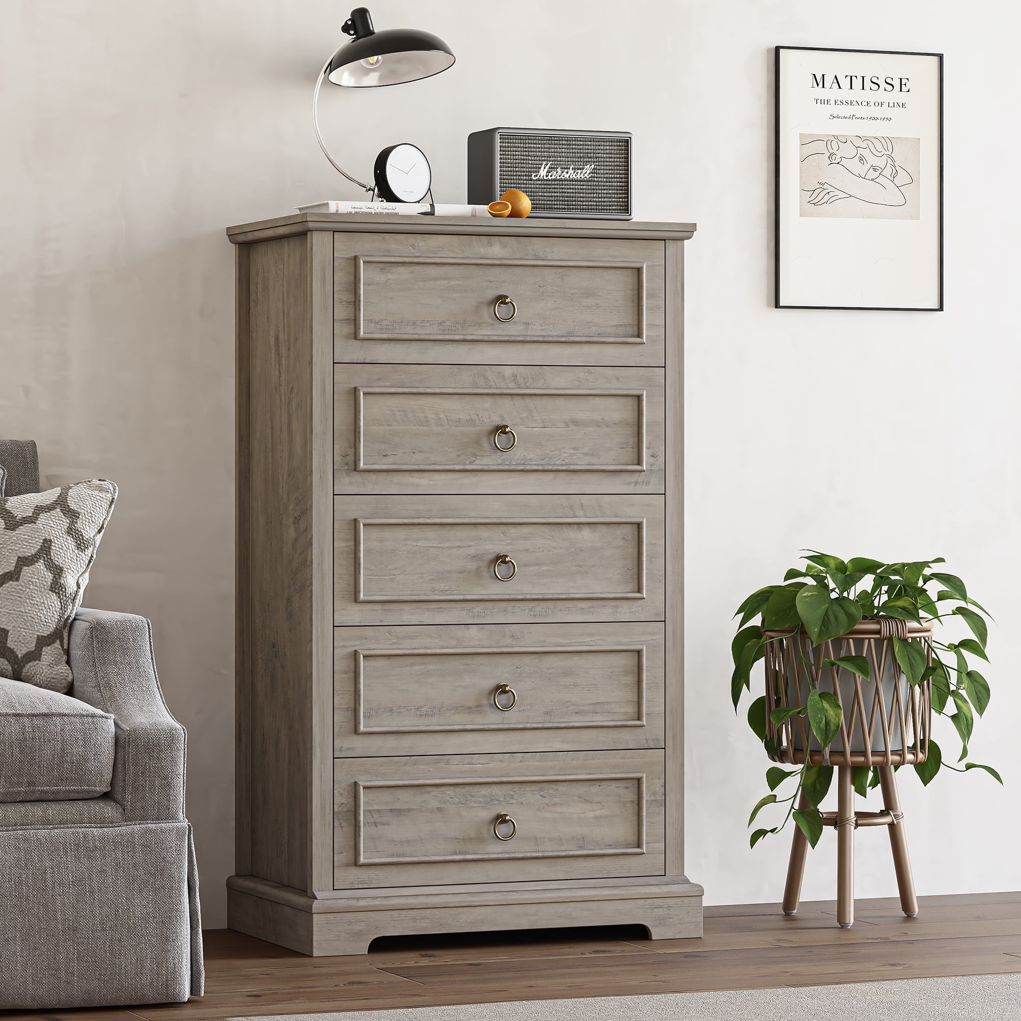 Homfa 5 Drawer Tall Dresser Chest of Drawers Storage Cabinet for Bedroom Living Room Wash Gray