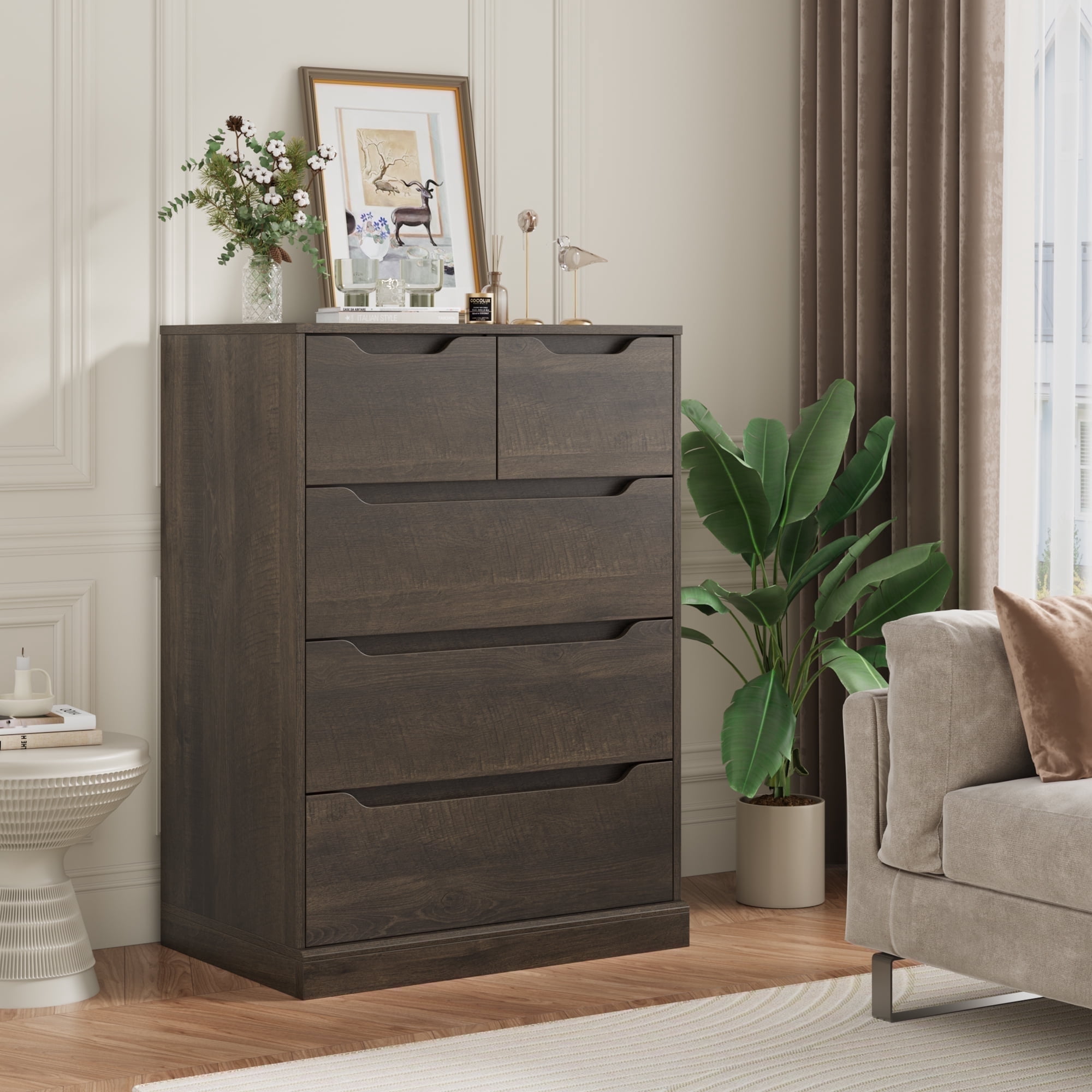 tall dark brown dresser Homfa 6 Drawer Tall Dresser, 43.3 inch H Wood Storage Cabinet with Upgraded Stable Base Vertical Chest for Bedroom Living Room, Dark Brown, Adult