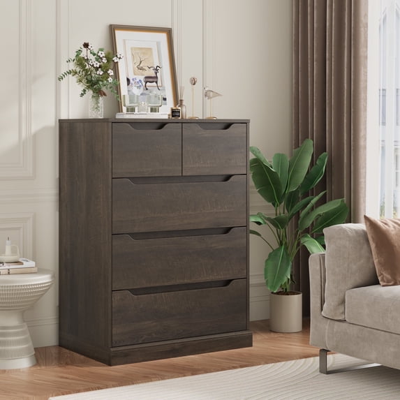 Homfa 5 Drawer Tall Dresser, Wood Storage Nightstand Chest of Drawers with Cutout Handles for Living Room, Dark Brown