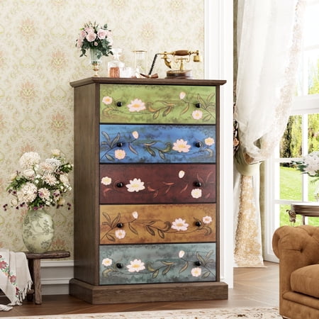 Homfa 5 Drawer Vertical Dresser for Bedroom, Boho Wood Storage Cabinet for Entryway Living Room, Wide Top, Study Base, Women