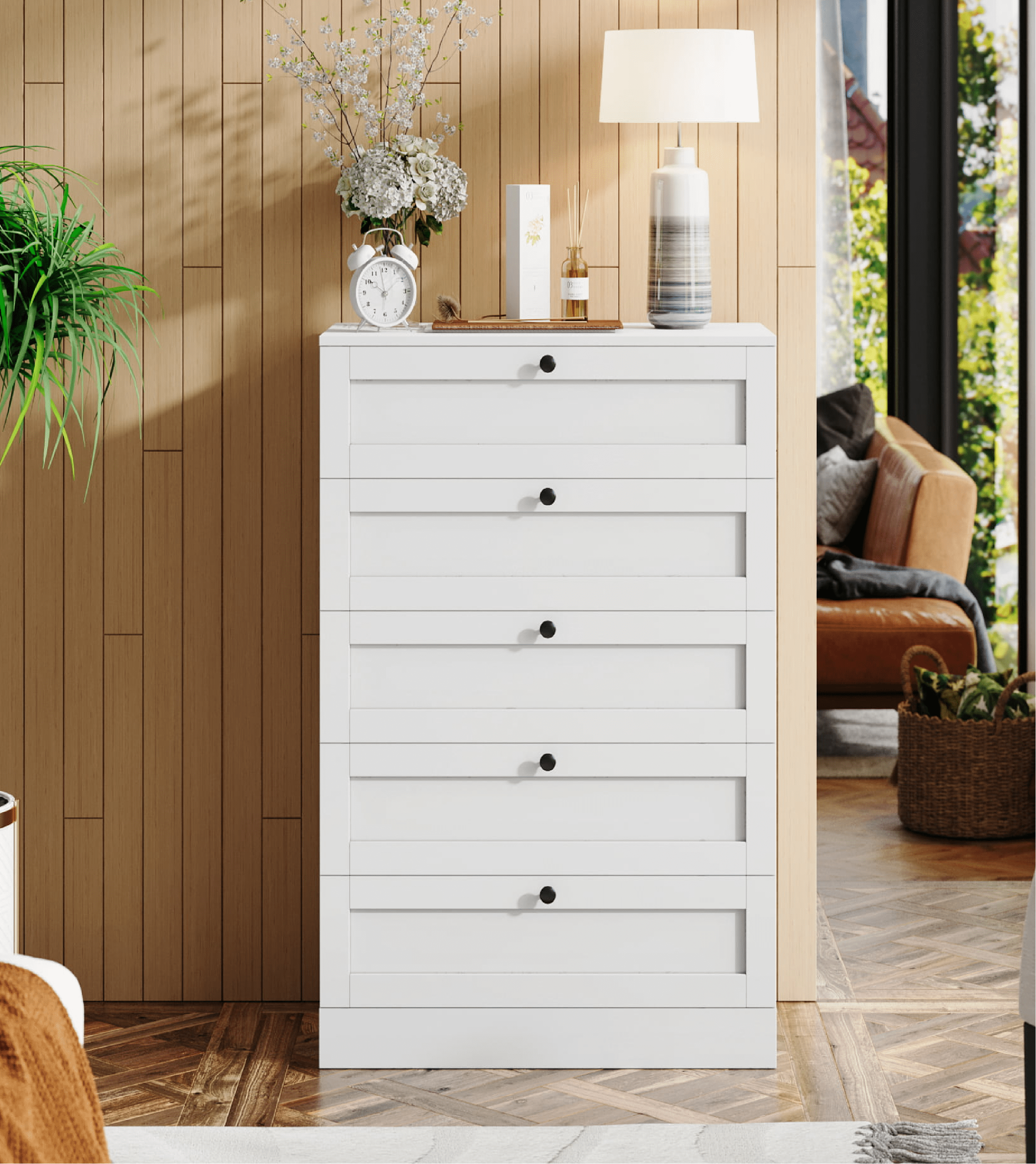 Homfa 5 Drawer White Bedroom Dresser Modern Vertical Dresser
