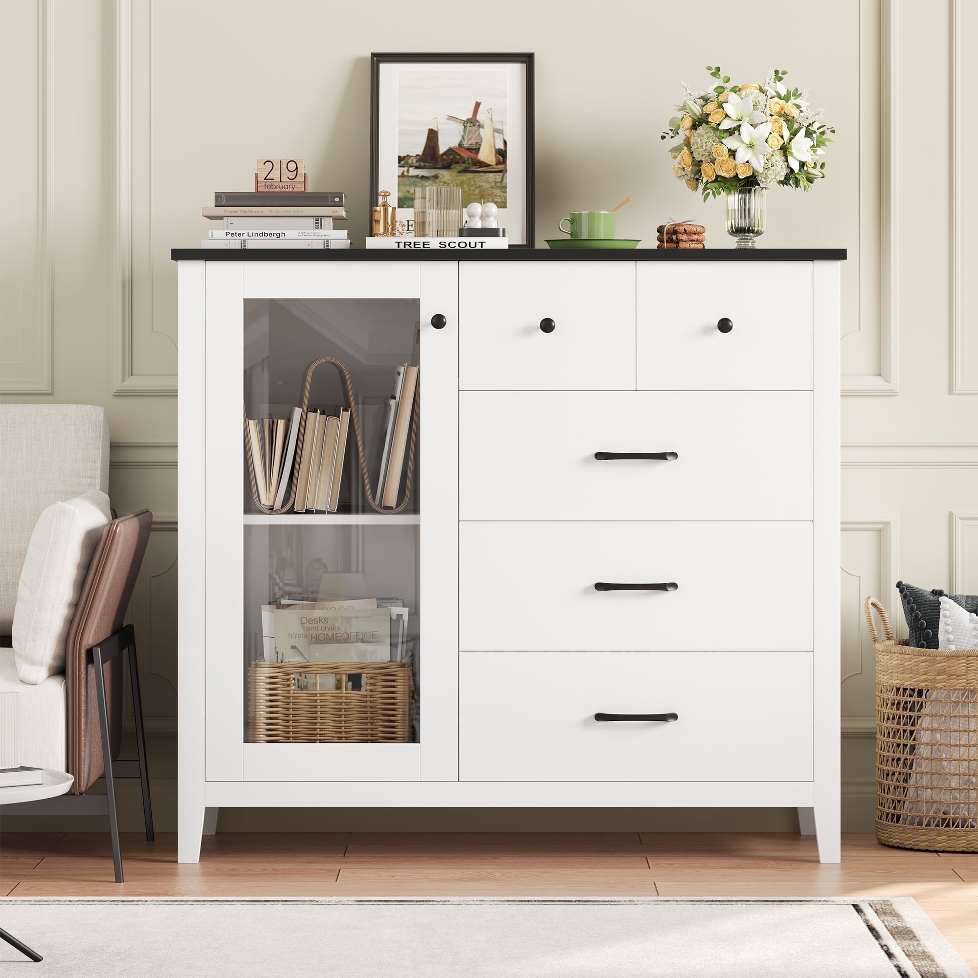 Homfa 5 Drawer White Bedroom Dresser with Glass Door Modern Storage Cabinet Wood Gentleman s Chest for Living Room