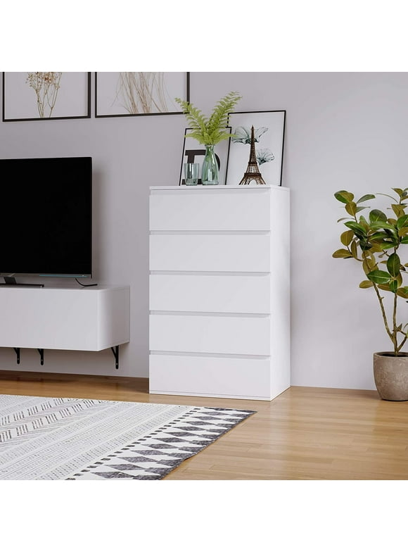 Homfa 5 Drawer White Dresser, Modern Storage Cabinet for Bedroom, White Chest of Drawers Wood Organizer for Living Room
