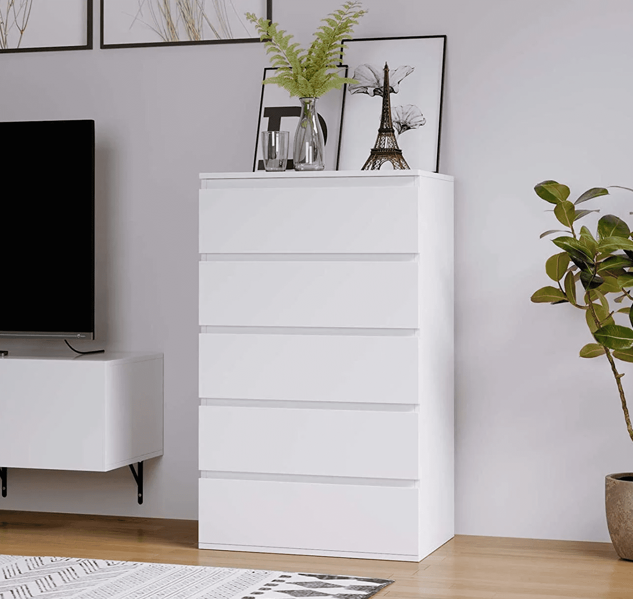 Homfa 5 Drawer White Dresser Tall Dresser for Bedroom Modern Storage Cabinet Wood Chest of Drawers for Living Room