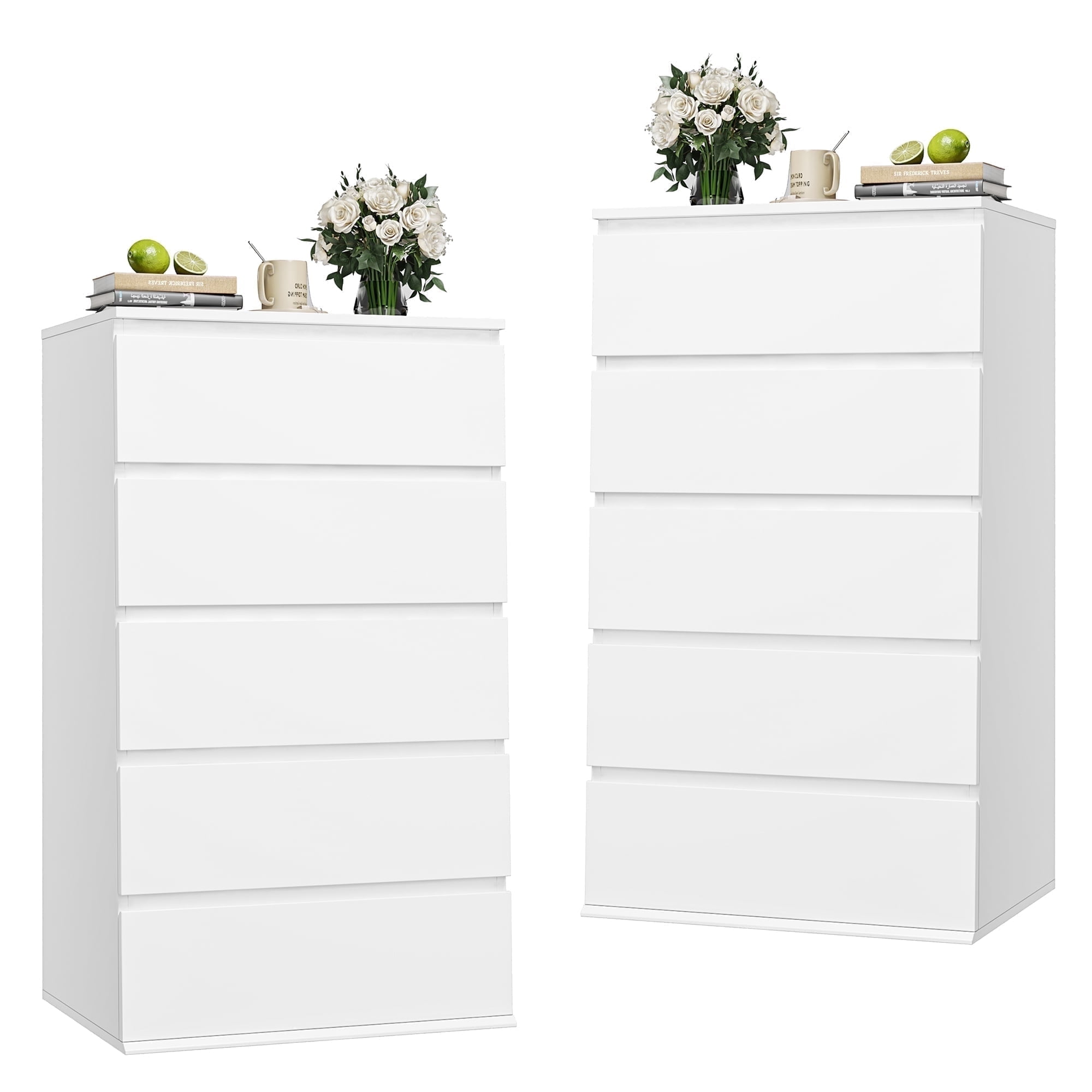 Homfa 5 Drawer White Dresser, Modern Tall Dresser for Bedroom, Chest of Drawers for Living Room, 2pcs