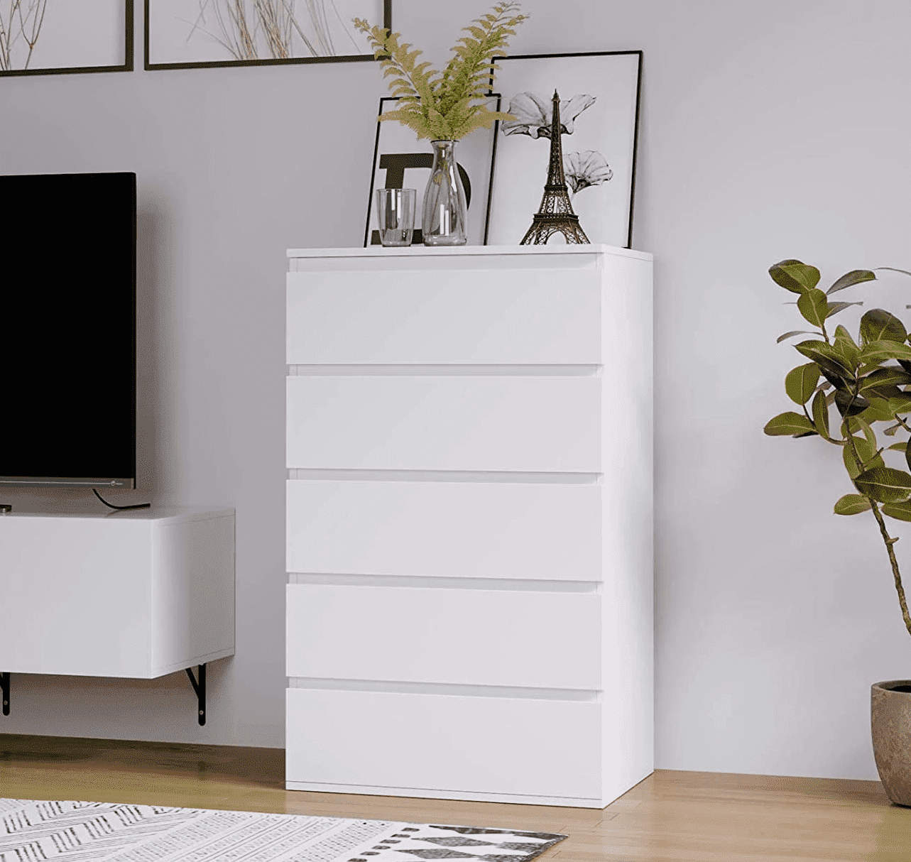 Homfa 5 Drawer White Dresser, Tall Dresser for Bedroom, Modern Storage Cabinet Wood Chest of Drawers for Living Room