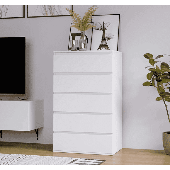 Homfa 5 Drawer White Dresser, Tall Dresser for Bedroom, Modern Storage Cabinet Wood Chest of Drawers for Living Room