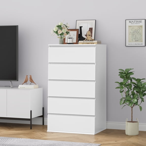 Homfa 5 Drawer White Dresser, Modern Storage Cabinet for Bedroom,Tall Chest of Drawers for Living Room