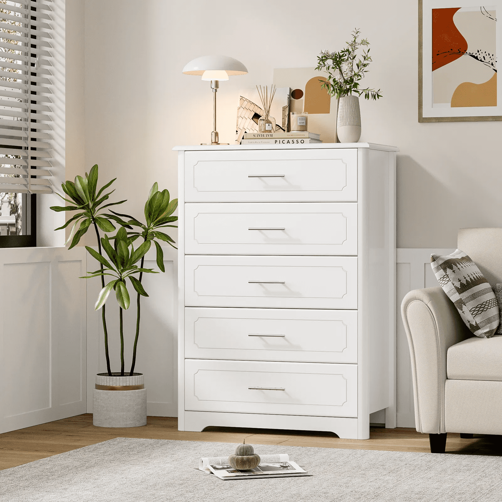 Homfa 5 Drawer White Dresser Tall Nightstand Wooden Storage Cabinet with Metal Handles for Bedroom Living Room