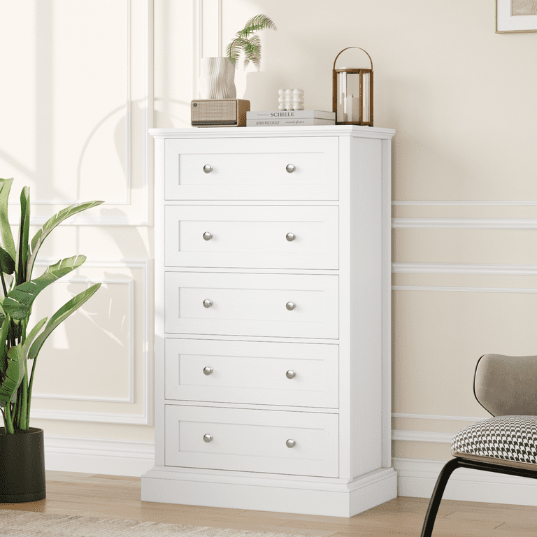 Homfa 5 Drawers Dresser Modern Tall White Dresser for Bedroom Chest of Drawers with Round Metal
