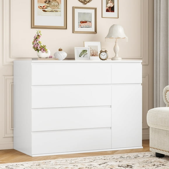 Homfa 5 Drawer White Dresser with Door, Modern Accent Storage Cabinet Chests of Drawers for Bedroom Living Room