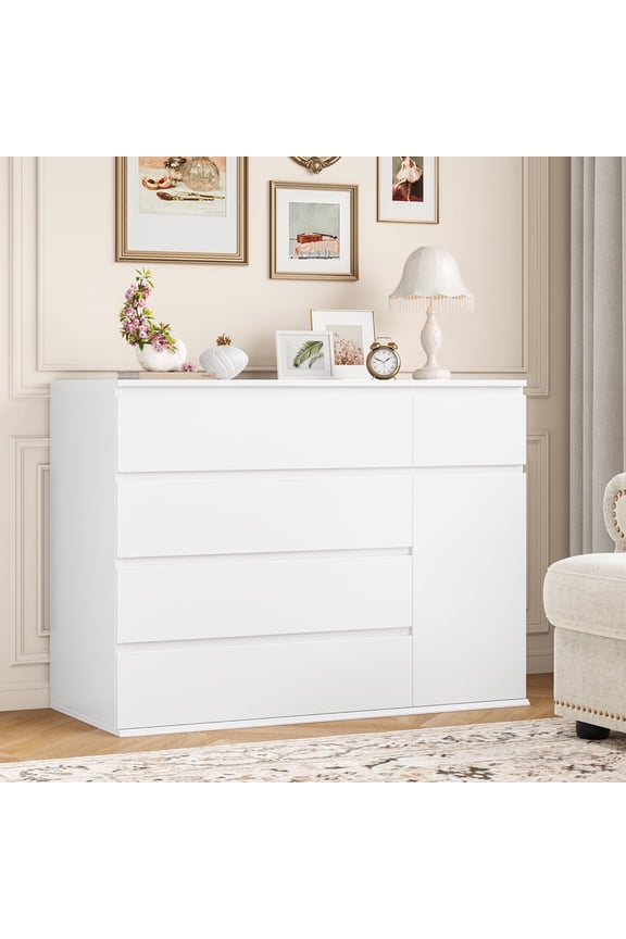 5 Drawer White Dresser with Door, Modern Accent Storage Cabinet Chests of Drawers for Bedroom Living Room