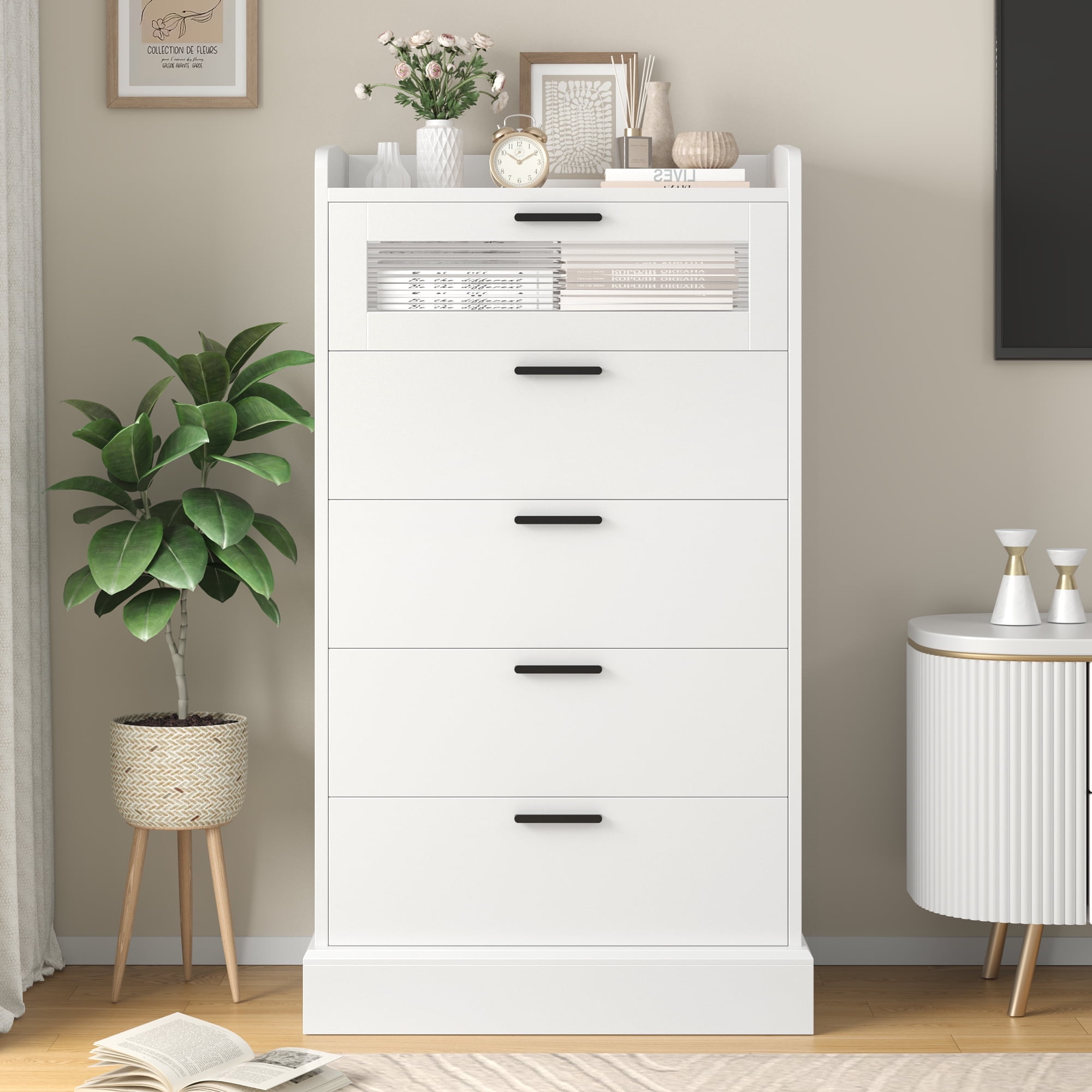 Walmart sales :  Homfa 5 Drawer Dresser, White, Glass Panel Wood Cabinet with Gold Metal