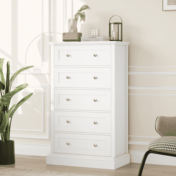 Homfa 5 Drawers White Dresser, Modern Tall Dresser for Bedroom Chest of Drawer with Round Metal Handles