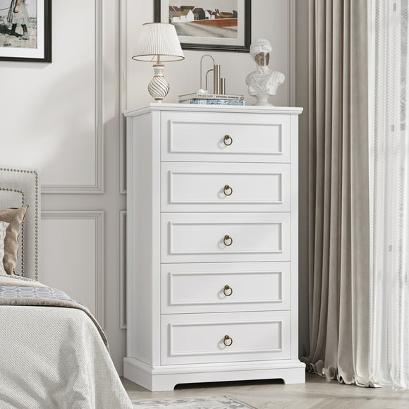 Homfa 5 Drawers Tall Dresser, Chest of Drawers Storage Bedroom Dresser Cabinet for Closet Living Room, White