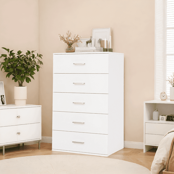 Homfa 5 Drawers White Dresser, Vertical Dresser with Metal Handles for Bedroom Living Room