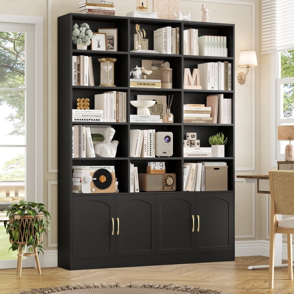 Homfa Triple Wide 5-Tier Bookcase with 4 Doors, 15 Cubes Bookcase with 2 Cabinets for Study Living Room Home Office, Black