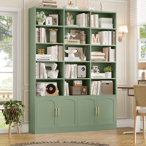 Homfa Triple Wide 5-Tier Bookcase with 4 Doors, 15 Cubes Bookcase with 2 Cabinets for Study Living Room Home Office, Green