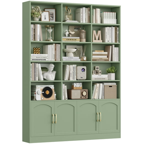 Homfa 5-Tier Triple Wide Bookcase with 4 Doors, 15 Cubes Bookcase with 2 Cabinets for Study Living Room Home Office, Green