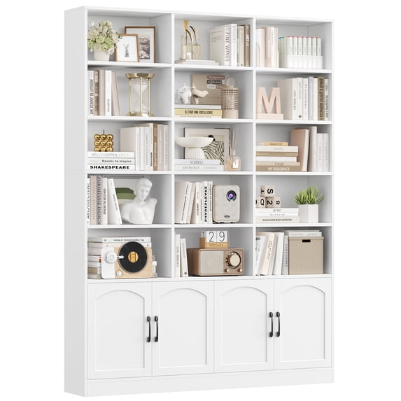 Homfa 5-Tier Triple Wide Bookcase with 4 Doors, 15 Cubes Bookcase with 2 Cabinets for Study Living Room Home Office, White