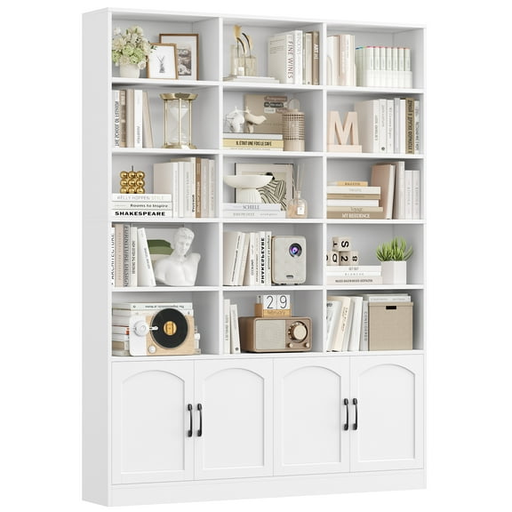 Homfa 5-Tier Triple Wide Bookcase with 4 Doors, 15 Cubes Bookcase with 2 Cabinets for Study Living Room Home Office, White
