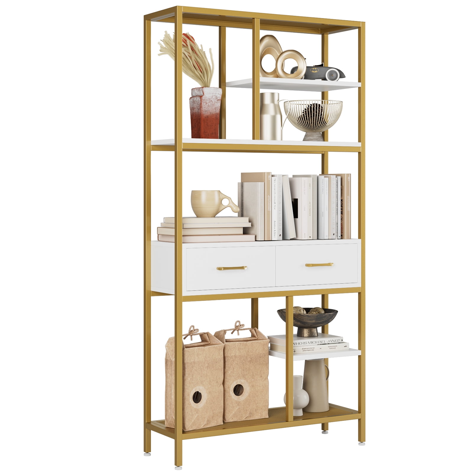 Homfa 5 Tier Gold and White Bookshelf, Tall Freestanding Storage Shelf