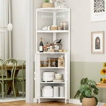 Homfa 5-Tier Corner Bar Cabinet with Glass Holder & Mesh Door, 67'' Corner Storage Cabinet with Adjustable Shelves for Bathroom, White