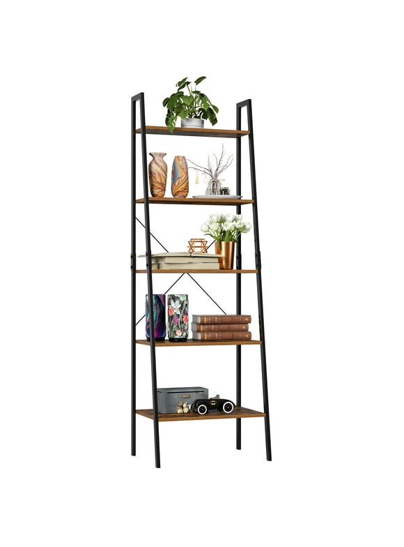 Homfa  5 Tier Ladder Bookshelf,  67.3'' H Industrial Storage Shelf with Metal Frame, Brown