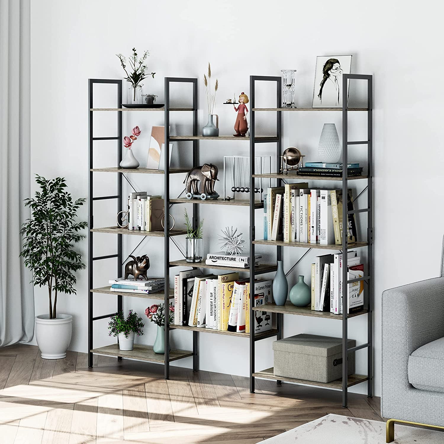 Homfa 5-Tier Gold and White Bookshelf, Triple Wide Open Display Shelf, Large  Storage Bookcase with Metal Frame 