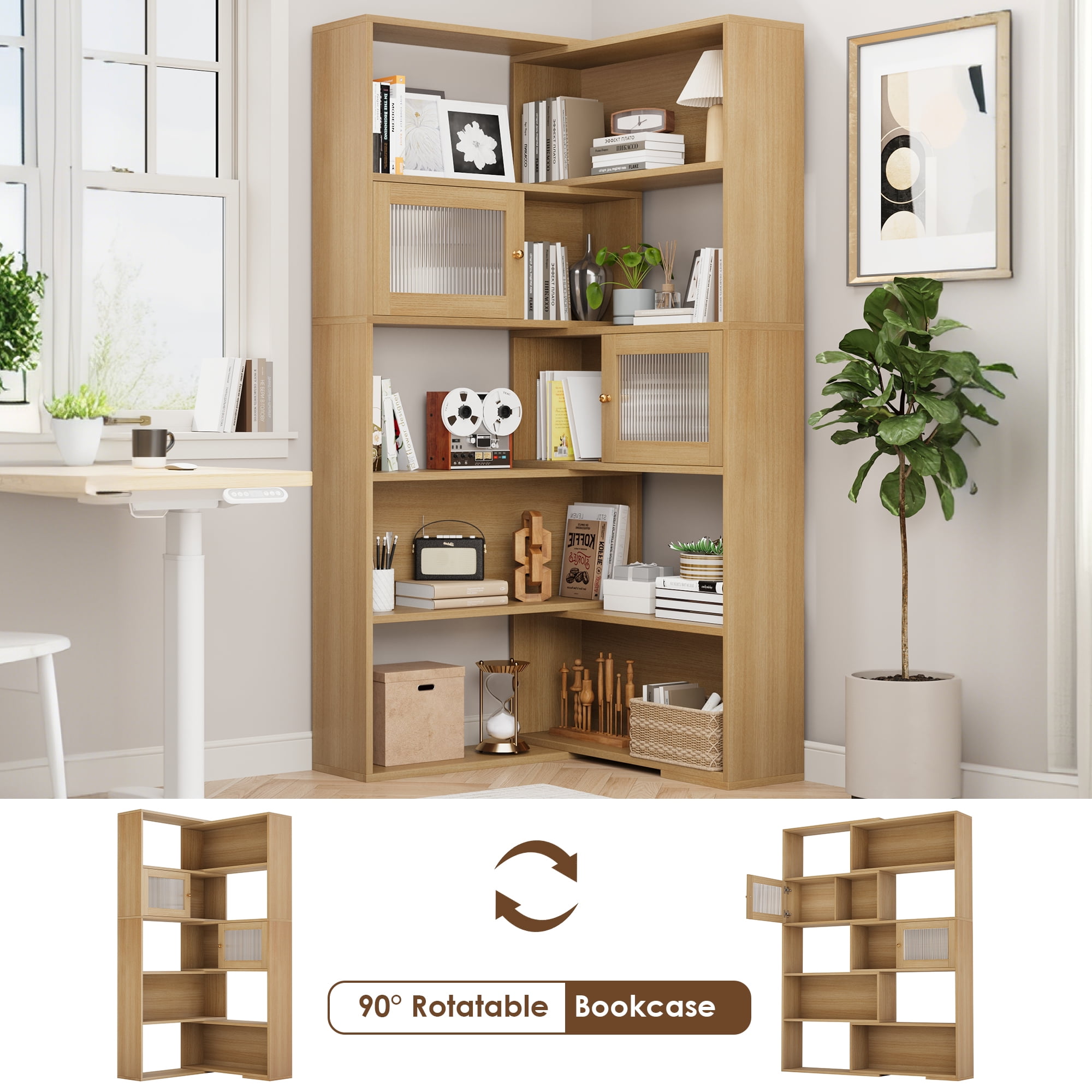 Homfa 5 -Tier Rotatable Corner Bookcase, L-Shaped Display Bookshelf with Glass Door for Living Room, Office, Nature Wood - Walmart.com