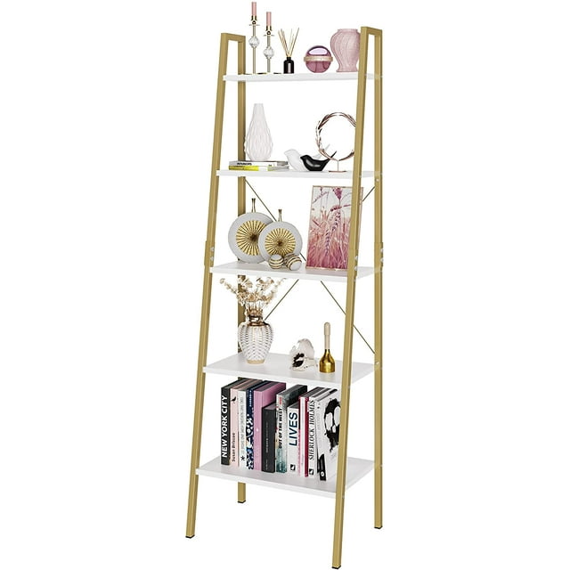 Homfa 5 Tier White Gold Bookshelf, Modern Ladder Display Shelf Accent